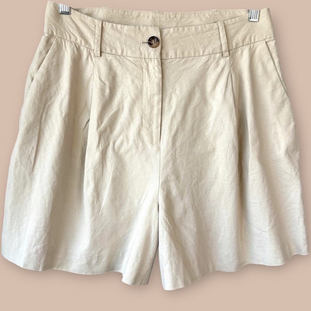 Alex Marie Linen Blend Pleated High Rise Wide Leg Bermuda Shorts Size 12 Neutral